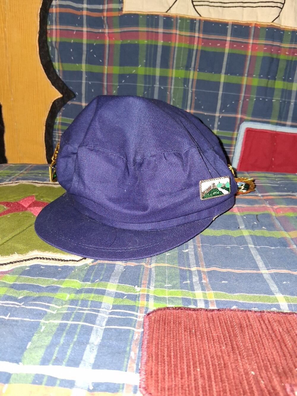VTG Chinese Mao Cadre Blue Cotton Field Cap Hat w Great Wall Enamel Pins Medals